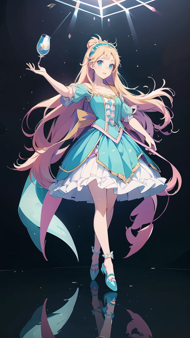 anime, videogame, fanart anime girl, digital art, anime and manga, anime style, fantasy, kawaii, niji ai art, ai art work, ai, イラスト, nijiv6, full body, frontal view, idol, rpg bard, ((glass slipper)), 