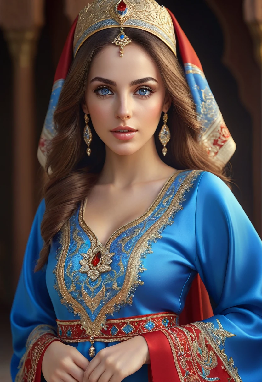 (master piece: 1.3), (8k, photoreallistic, Photo brute, beste-Qualit: 1.4), (1fille), beau visage, (realistic face), (cheveux rouges , cheveux long rouges1.3), belle coiffure, realistic crystal bright shining eyes, beautiful detailed eyes brilliant European beauty, (realistic skin), belle peau, (tirer), absurdes, attrayant, ultra highres, ultra realist, highly detailed, Golden Number wearing a Moroccan Islamic caftan outfit half red half blue