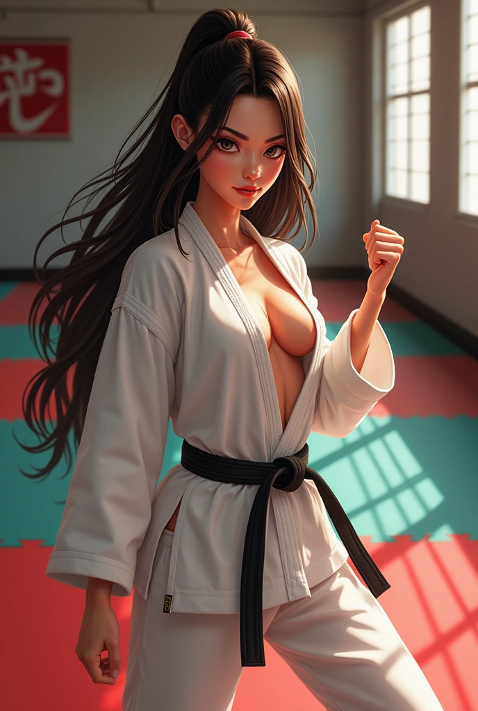 (Best Quality,8K,hight resolution,masuter piece:1.2),Ultra-detailed,Realistic:1.37,Portrait,Female karate athletes,White kimono,Teenage girl,small head,Cute,Sporty,Charming face,Detailed beauty face,Very realistic skin,Wet skin,Sweat,Large breasts,Narrow waist,nice legs ,Sporty,Karate Arena,Cinematic lighting,
