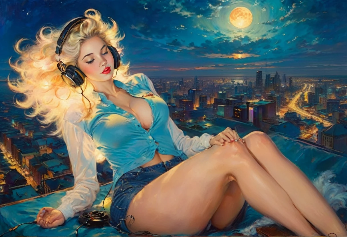 A Gil Elvgren pin-up style painting of a beautiful blonde woman with big messy hair, wearing headphones, wearing an open button down shirt revealing cleavage, and short shorts, laying on her back, sleeping on a fluffy cloud, floating over a small Cityscape at night, glowing moon and twinkling stars, in a provocative pose, vibrant and colorful