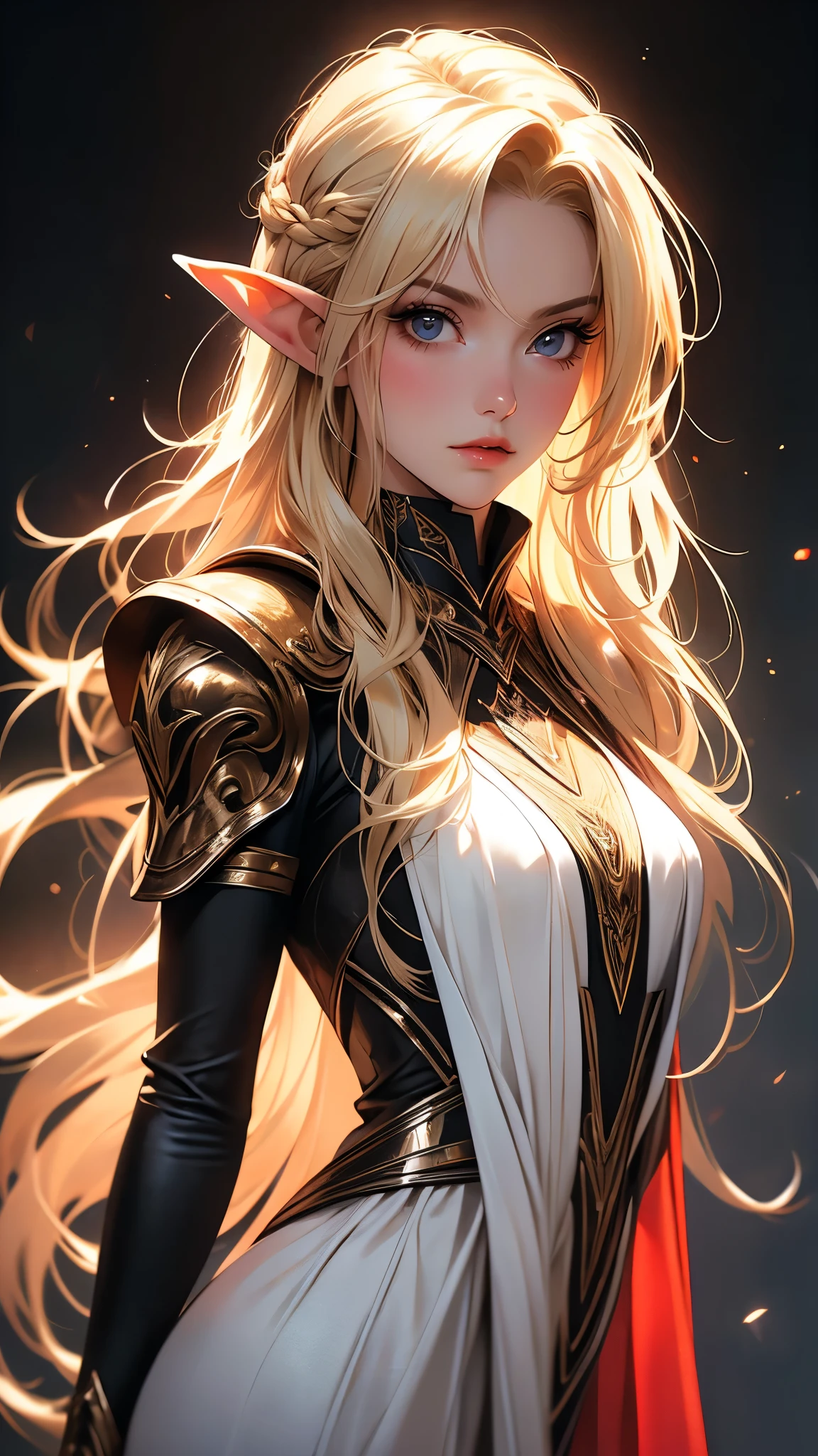 envision a 8k, highres, cinematic, beautiful close up portrait of a sexy lady with a slender body, strong face, strong mature older face, (((long blonde hair))), side locks, long bangs, brown eyes, elf ears, elven dress, leather wrist armor, red ribbon, ((((1girl)))), in dark lighting, against a dark gray background