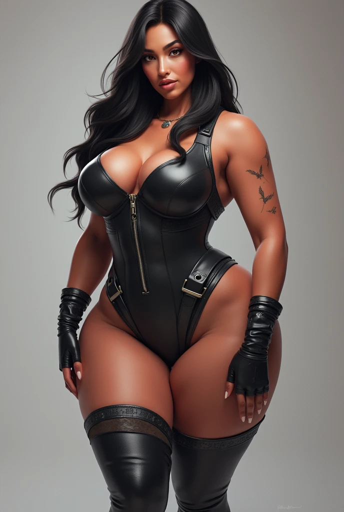 Black woman sexy athletic body big breasts with braids military jacket robotic arm bra long boots