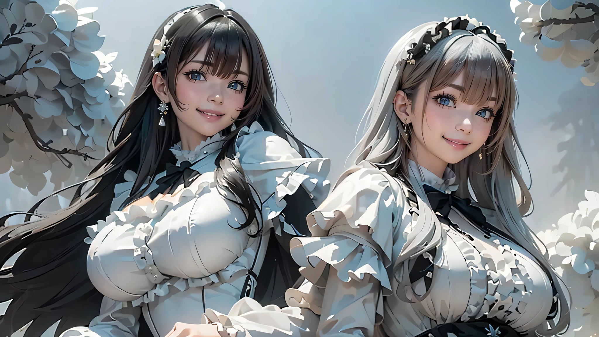 (((masterpiece))),((Highest quality)),Beautiful girl,bangs、(Long Hair:1.5)、(((Big Breasts)))、2、(gorgeous white, Grey and black ruffled dress:1.5)、Race、 Beautiful digital artwork, Beautiful fantasy art,(The background is plain:1.5)、