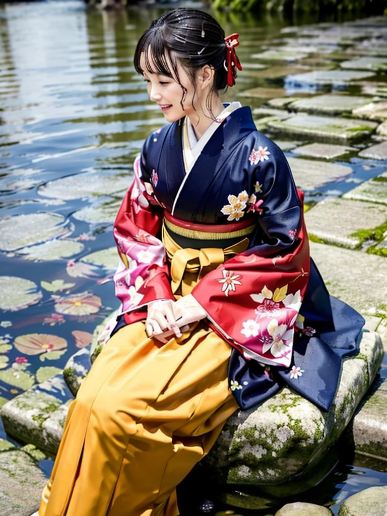 Realistic, long-sleeved kimono, hakama, long hakama, long long-sleeved kimono, floral patterned kimono, wet clothes, soaking wet clothes, wet and shiny clothes, clothes with a wet texture, clothes that stick to the body, immersing in a river, taking a shower, sitting down