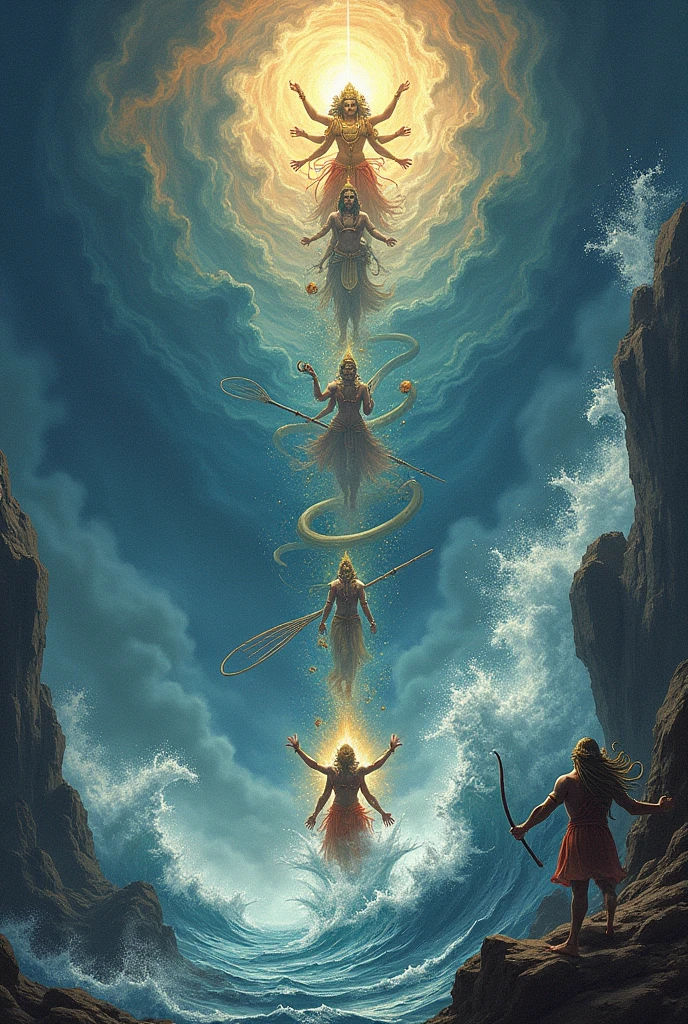 Samudra Manthan, also known as the Churning of the Ocean of Milk, is a legendary event in Hindu mythology. Here's a brief description:
The story begins with the gods (Devas) and demons (Asuras)
The gods and demons work together, using the serpent Vasuki as a rope and the mountain Mandara as a churning rod. As they churn, various divine beings and objects emerge from the ocean, including: