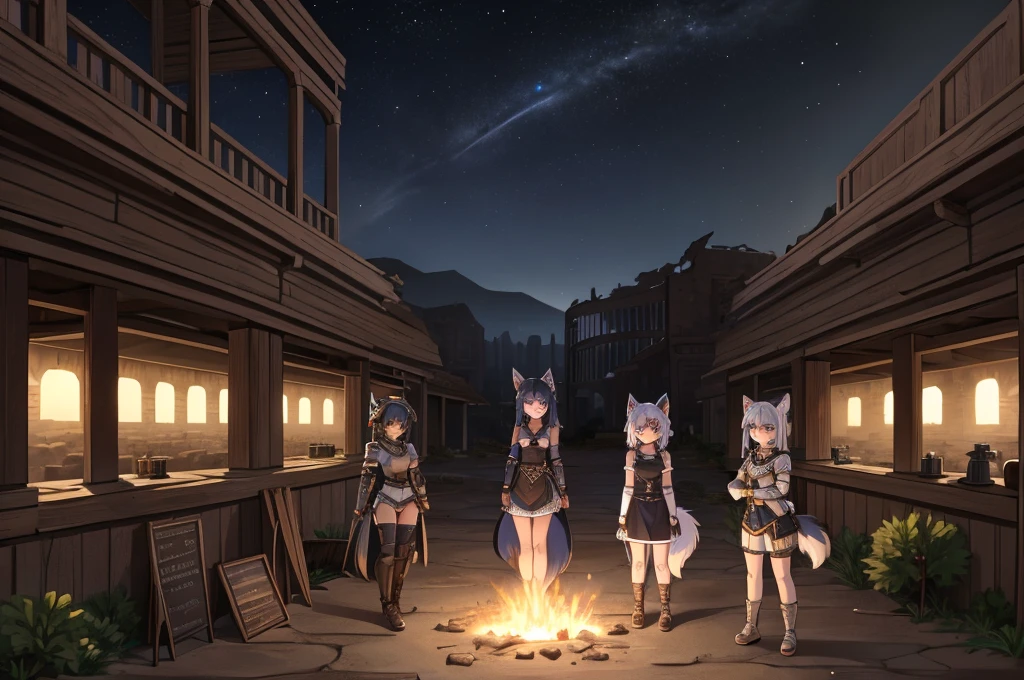 4girls, younger, wolf ears, multicolored eyes, multicolored hair, two tone hair, medium hair, hair ornament, glasses, hairclip, bangs, blunt bangs, open field, armor short dress, high holster, helmet, ruins, desert, night sky, hideout, tavern, 