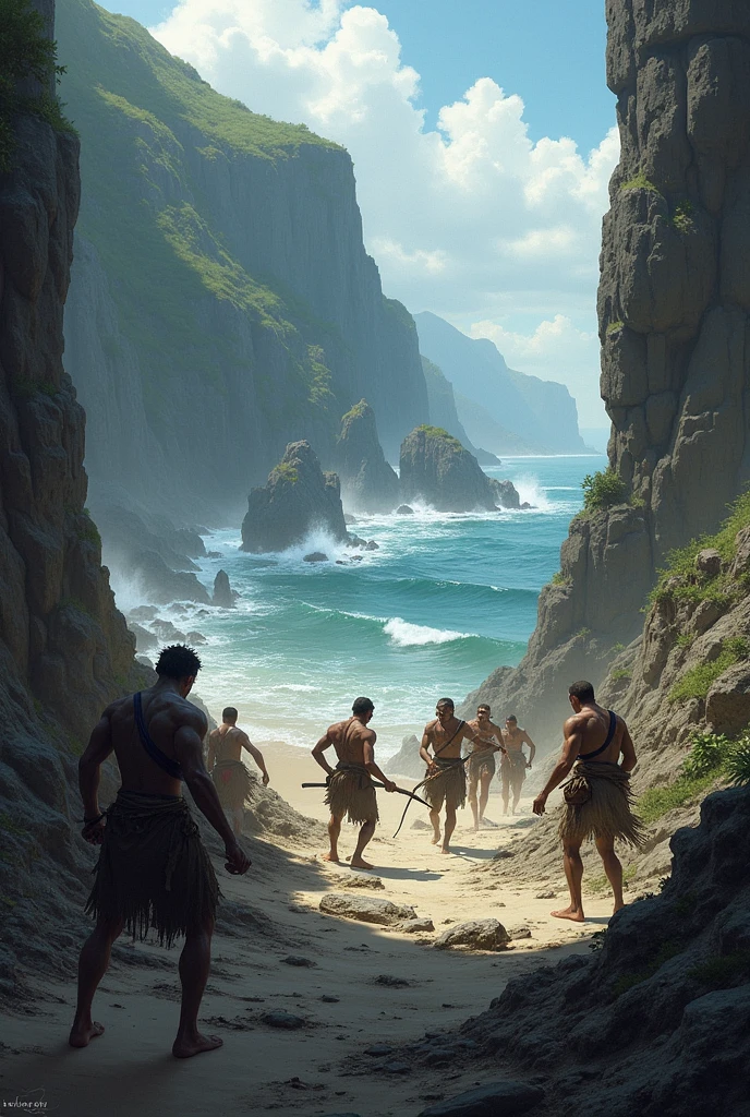A landscape transitioning from icy tundra to greener, more temperate environments. In the foreground, a group of hunter-gatherers is depicted using newly developed microlith tools to hunt small game. In the background, there are rock surfaces adorned with early petroglyphs and cave paintings showing hunting scenes.