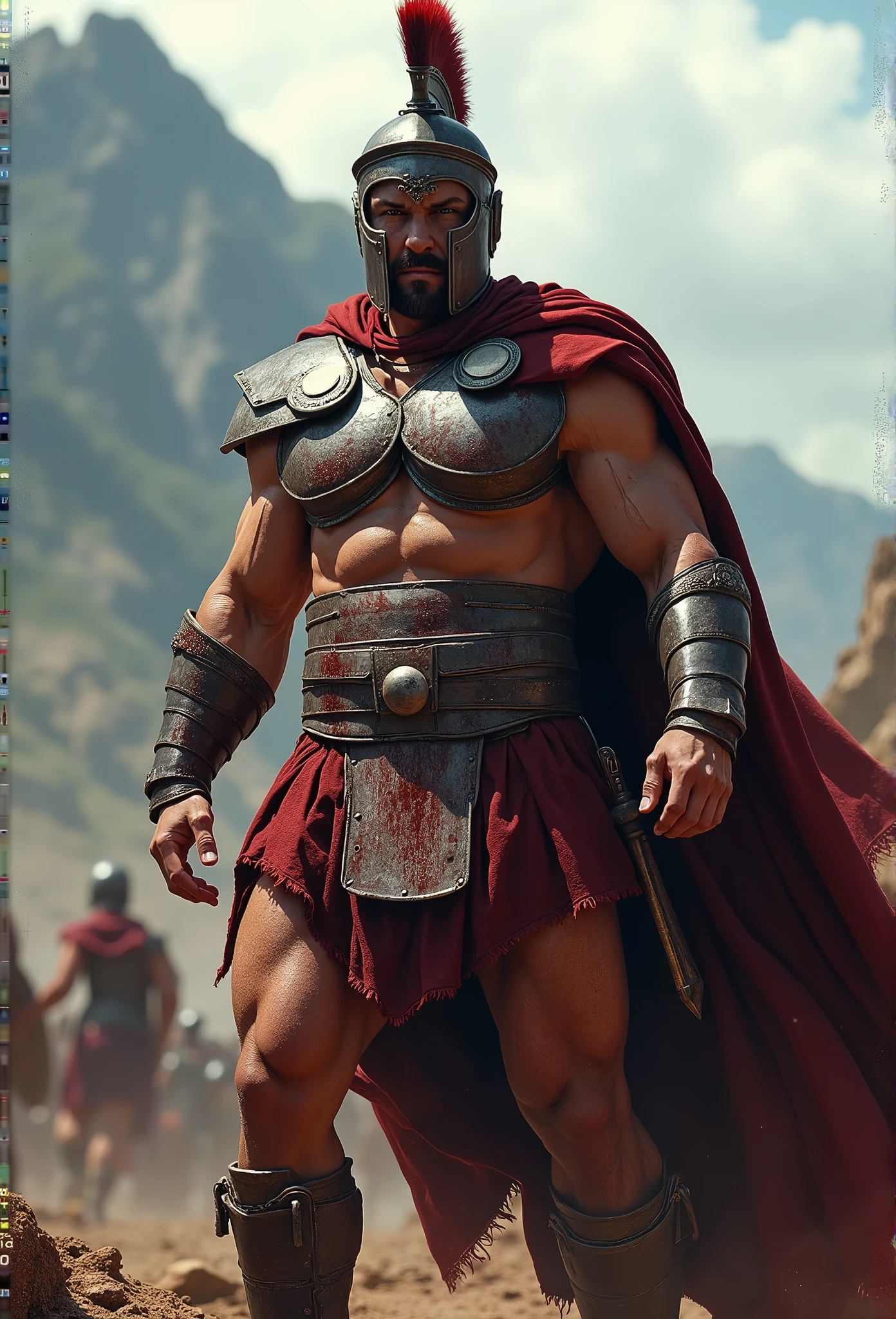 Strong, tall, slightly overweight warrior with scars, tattoos, a small beard, and armor.