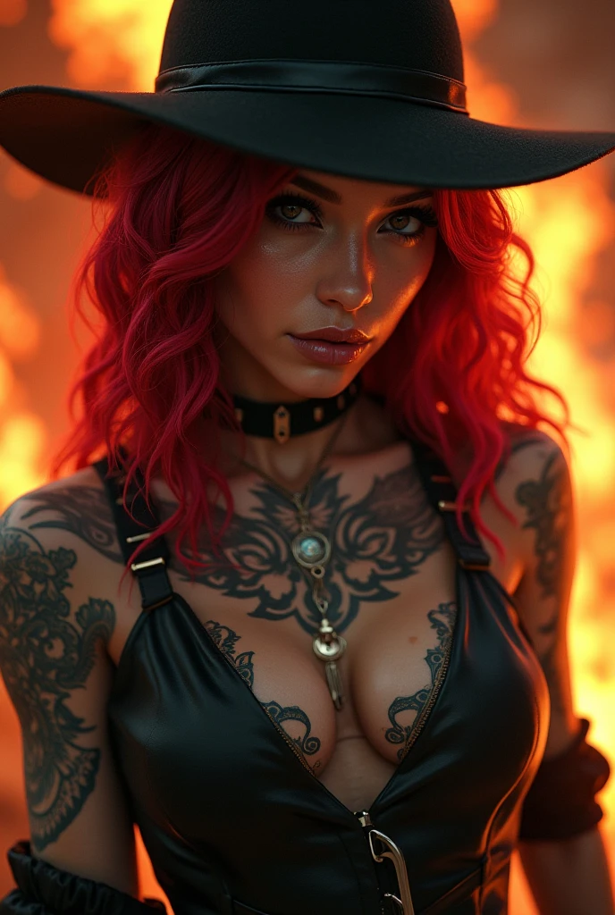 ((Masterpiece, highest quality, 4k, unreal engine 5)), succubus goth girl, full body tattoos, red hair, showing her vagina, massive tits, pierced nipples, holding a noose in one hand and a ball of fire in the other, blood red eyes and a forked tongue