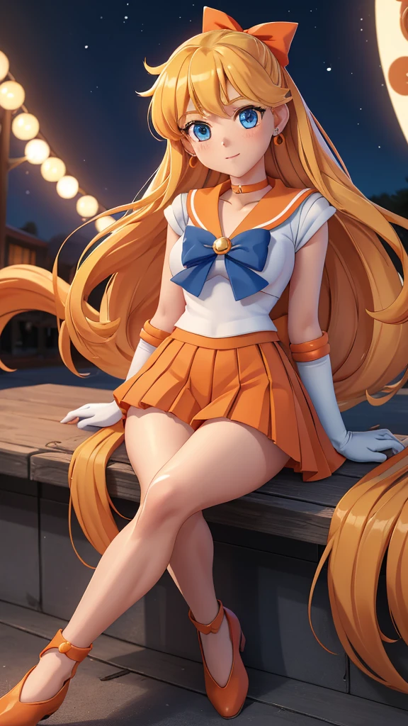 masterpiece, best quality, high resolution, high detail face, venus1, 1 girl, solo, sailor senshi uniform, sailor venus, aino minako, blonde hair, magical girl, blue eyes, orange skirt, elbow length gloves, tiara, pleated skirt, bow for hair, orange sailor necklace, mini skirt, choker, red bow, orange choker, white gloves, very long hair, jewelry, earrings, showing her perfect beautyful ass, ass with a small white thong, very sexy nice ass.
