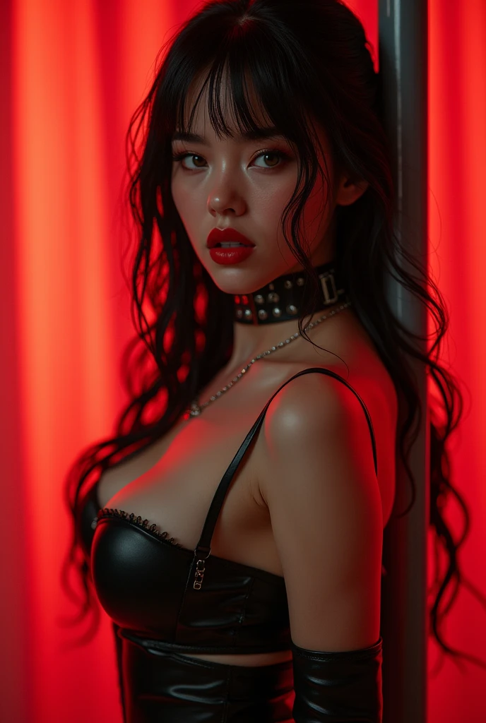 demon woman with horns dressed in latex leotard posing for a photo, sensual pose, upper body, perfect , perfect , red neon lights, darsynth vibes, darksynth aesthetic, goth aesthetics, high waisted thong leotard, leotard lingerie, latex lingerie, fetish lingerie, dark and intricate, gothic and futuristic, perfect body, red lights, gothic - cyberpunk, ultra detailed, hyper realistic, masterpiece.