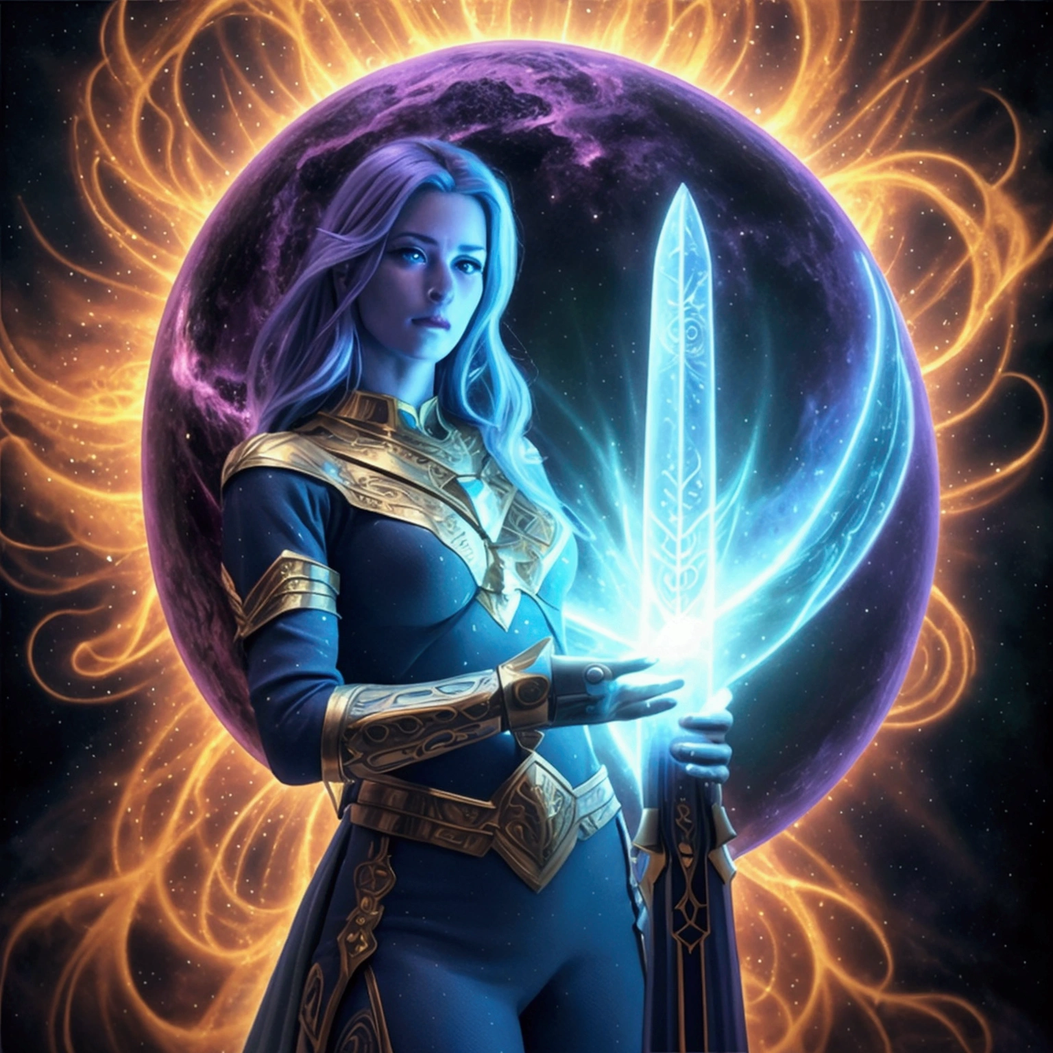 a cosmic being, cosmic sword, 2D art, magical, detailed digital art, highly detailed, cinematic, dramatic lighting, glowing energy, surreal, vibrant colors, fantasy, epic scale, intricate design, mystical, powerful, awe-inspiring, stunning, photorealistic, (best quality,4k,8k,highres,masterpiece:1.2),ultra-detailed,(realistic,photorealistic,photo-realistic:1.37)