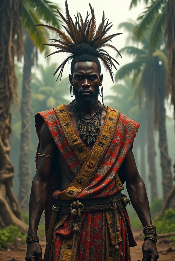 create an image of a tall and muscular man, between 40 and 50 years old, de origem africana, with black skin, In the African savannah, barefoot, wearing red pants, the face has large ears with many small piercings in the shape of a golden ring throughout the ear area. very large and thick lips, with a large golden ring hanging from his lower lip. his eyes are red with black irises, he has a very large and wide nose. On his neck, several gold rings, and his expression is serious, imposing, and frightening. The hair is black, com dreds, In the middle of his head.