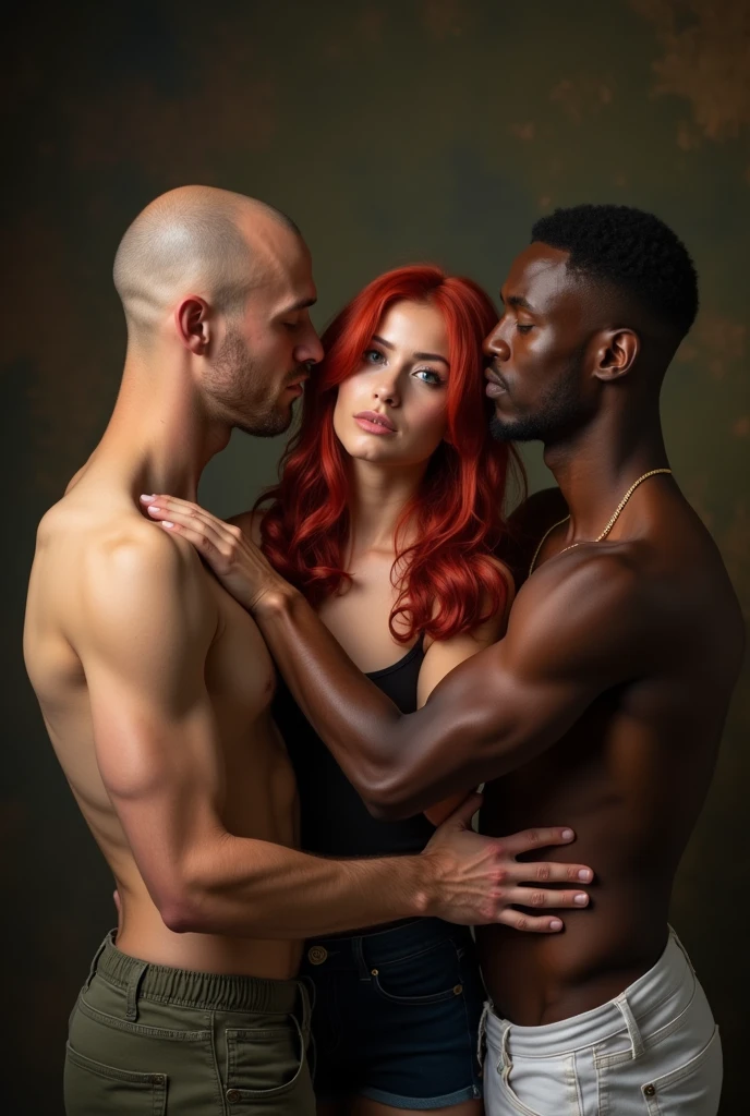 Draw a drawing of a Greek goddess with white skin and short red hair next to her a gentleman with dark skin and they are kissing and the image looks old