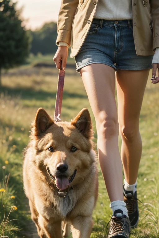 blond, Pretty, 165cm tall, 50kg heavy, THAT. 45 years. Clothing style 90s. With a dog, breed eurasier on a leash walking in a field path into the sunset