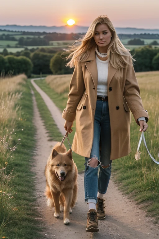 blond, Pretty, 165cm tall, 50kg heavy, THAT. 45 years. Clothing style 90s. With a dog, breed eurasier on a leash walking in a field path into the sunset