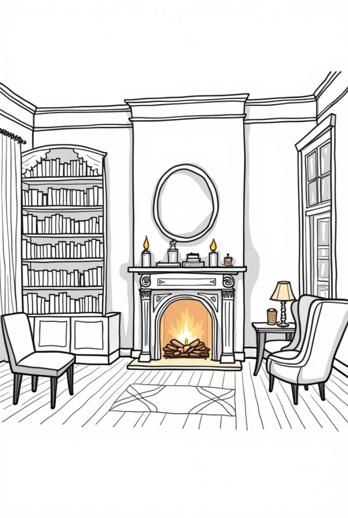 A stylish and classic room, with a classic wooden cornice, with a stylish wooden bookcase, with a fireplace, with two small chandeliers.