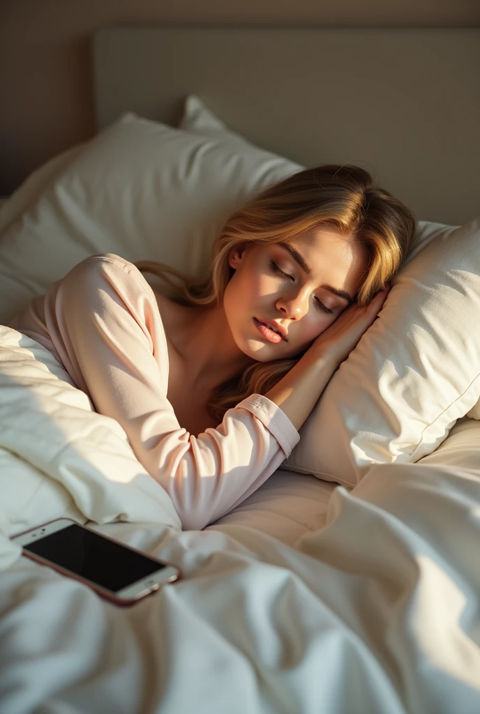 a beautiful 30 year old woman, having insomnia, sleepy face. was lying in her room, wearing a nightgown, unable to close her eyes