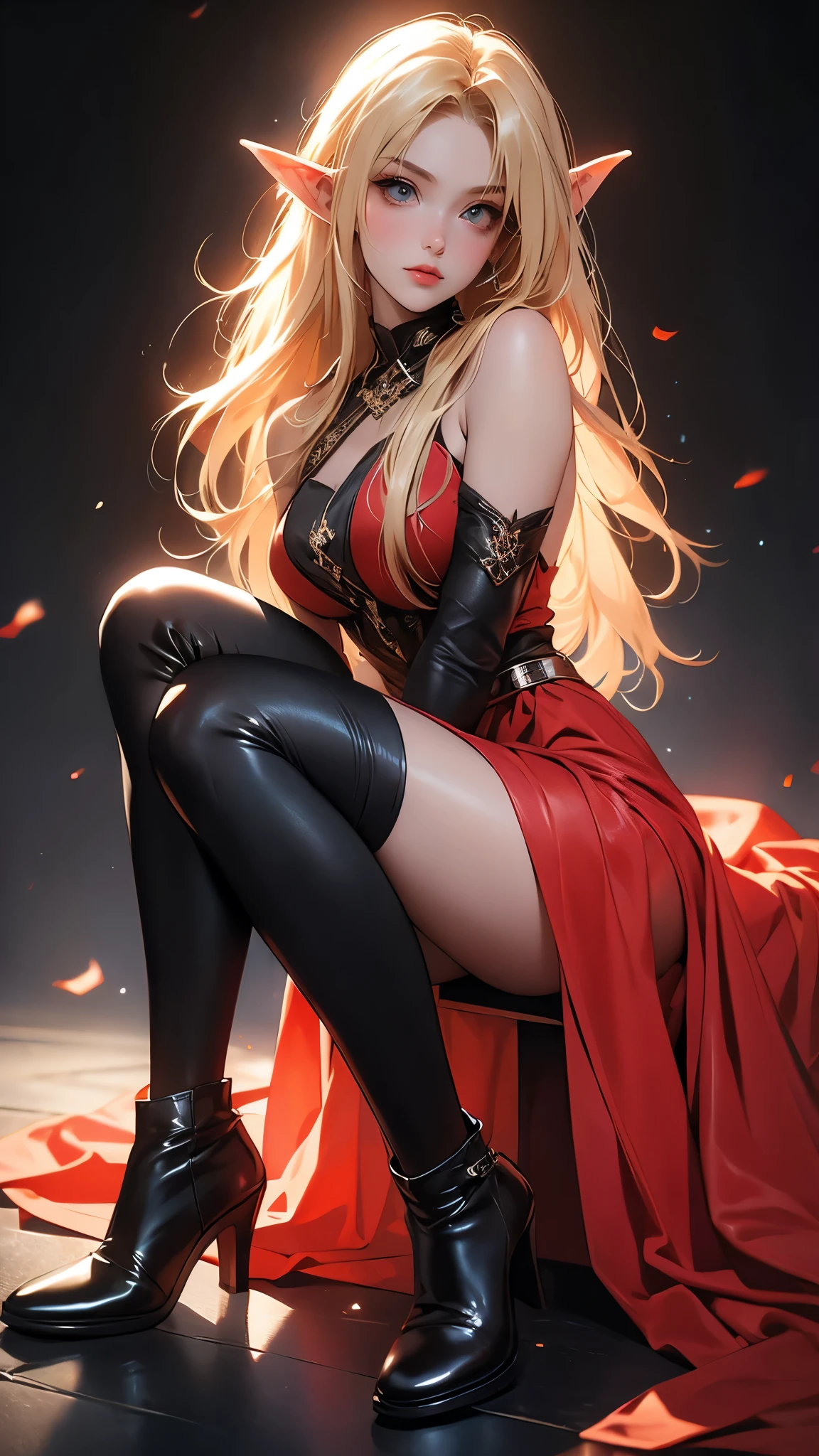 envision a 8k, highres, cinematic, beautiful full body pinup of a sexy lady with a slender body, strong face, strong mature older face, (((long blonde hair))), side locks, long bangs, brown eyes, elf ears, elven dress, leather wrist armor, red ribbon, black tights, leather boots, ((((1girl)))), in dark lighting, against a dark gray background