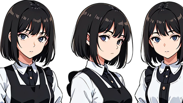 "The illustration is like a character design reference sheet, with a simple background. It is a three-view drawing, showing the character from the front, side, and back. The character is a beautiful woman with Asian features. Her face is slightly elongated. She has black hair styled in a short bob, with her ears hidden behind the hair. Her eyes are black with an Asian appearance. She is wearing a simple, modest maid outfit, black with a white apron."