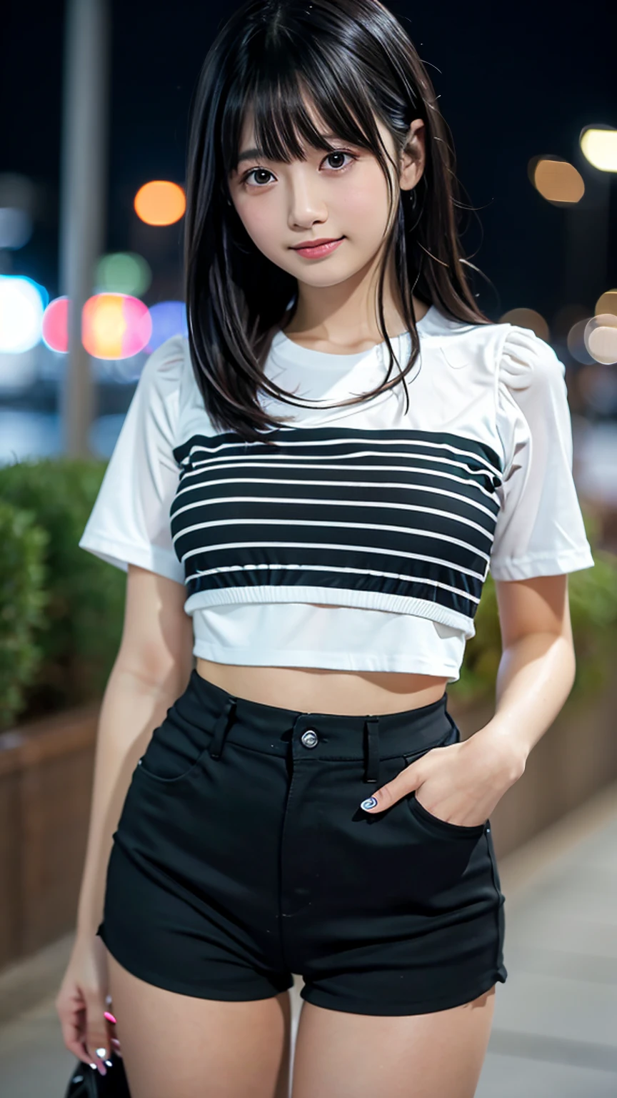 ((best quality, 8k, masterpiece: 1.3)), (flower hat: 1.3), focus: 1.2, perfect body beautiful: 1.4, buttocks: 1.2, (layered hairstyle: 1.2)), (dark street: 1.3), Highly detailed facial and skin textures, whole body, exquisite eyes, double eyelids, skin whitening, long hair, (round face: 1.5), (Loose crop top, shorts: 1.6)