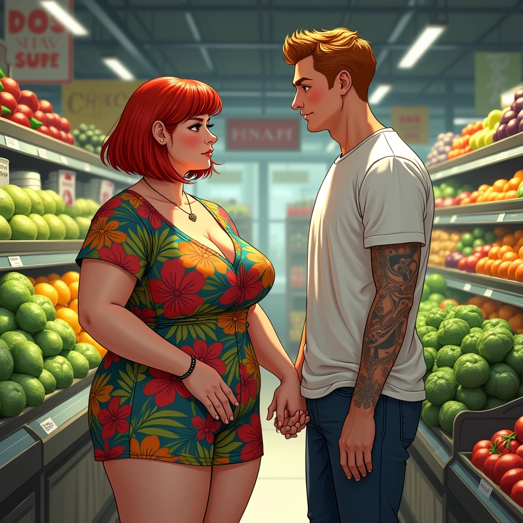 A tall white girl with thick lips black hair with red tied at a fruit stand on the road with more fruit stands wearing a short bag and torn pants and sports shoes on the sign says Wendy and below it says kilometers 26 and she is serving a customer wearing a black dress and white heels holding a watermelon and carrying a bag long yellow loose hair and wearing glasses and she is chubby