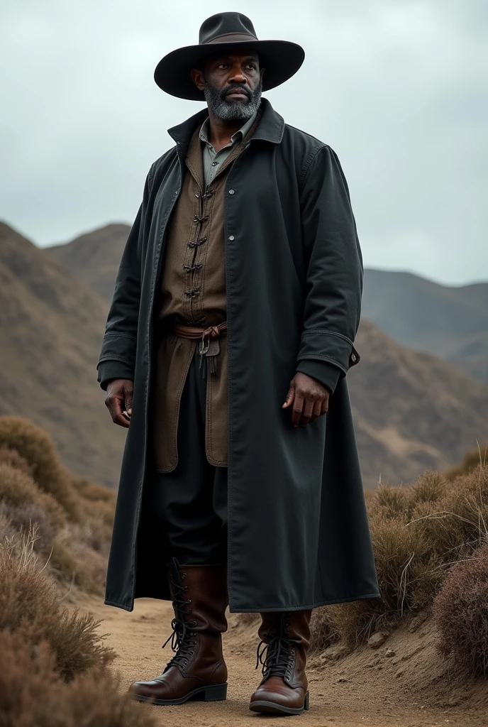 A hairless man in a grey shirt and a brown belt stands in front of a building, Lance Reddick, inspired by Oluf Høst, inspired by Rajmund Kanelba, 8k film still, Film still 8 k, Still from a live-action film, with square jaw in medieval clothing, ( ( dark skin ) )