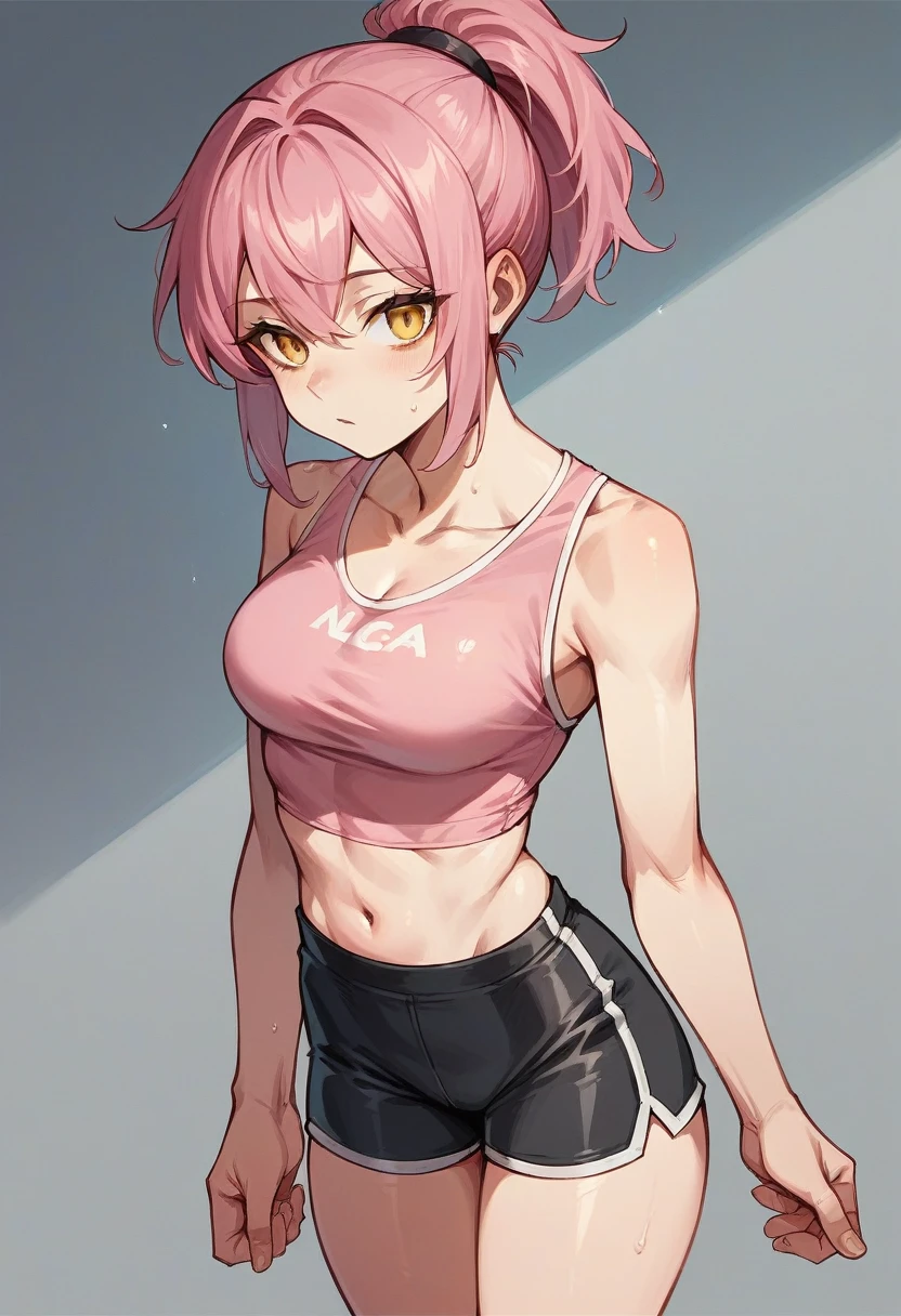 (best quality, masterpiece:1.2), ultra detailed, (yo, cute), twin tails, pink hair, cheerleader, crop top, sleeveless shirt, midriff, panties, nsfw