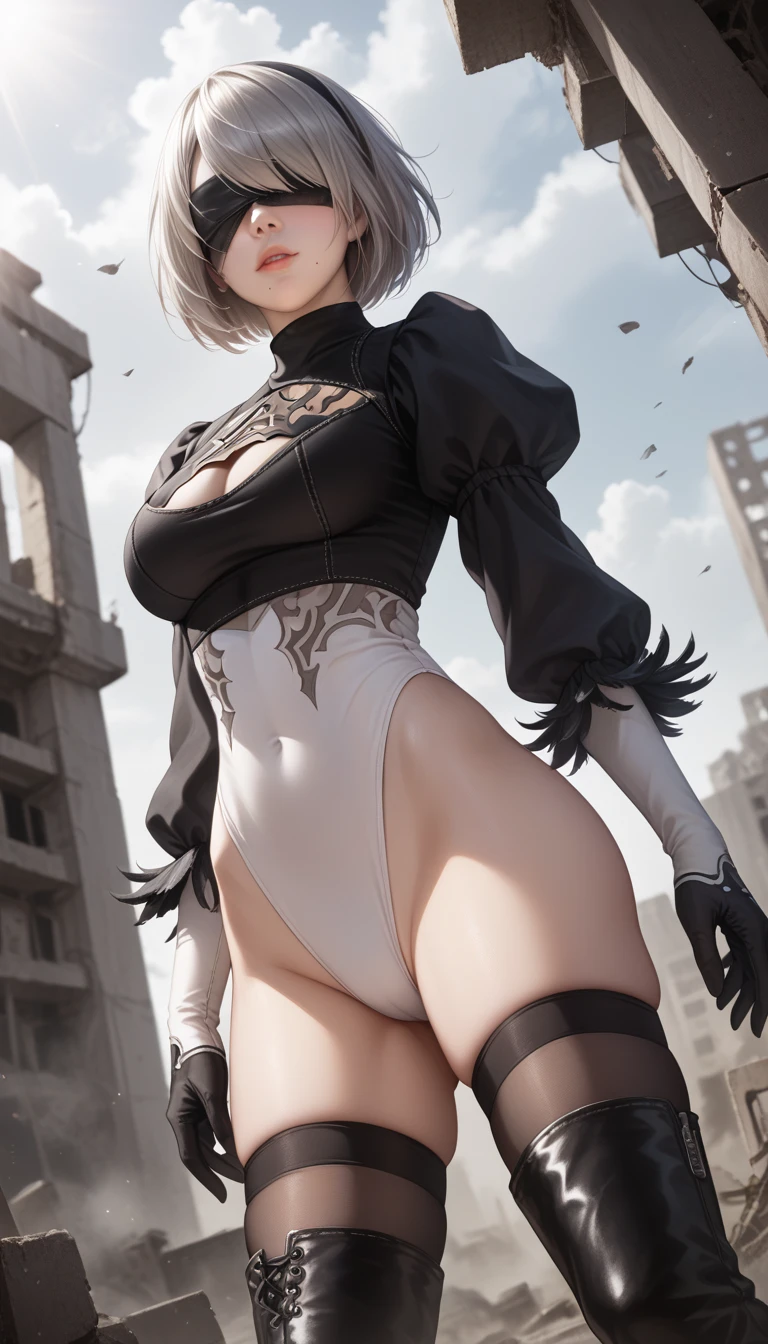 score_9, score_8_up, score_7_up, 32k,masterpiece, highest quality, 
photo realistic, super detail, vibrant colors, chiaroscuro lighting, cinematic lighting,
1 woman, inspired nier automata 2B,
bob cut, gray hair, bangs, mole under mouth, blindfold,
2B leotard, cleavage cutout, skirt, thighhighs under boots,
ruins, a ruined world, devastated cities, dark cloudy sky,
seductive pose, dramatic angle,