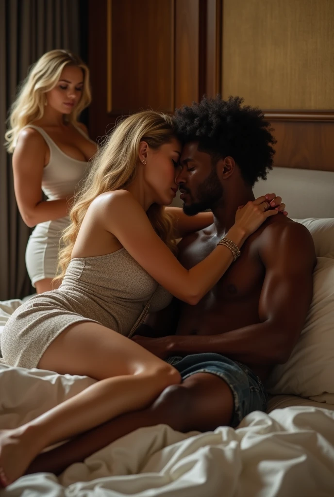 Magnificent detail, 8K Photos, hyper- realism, professional light, realistic background, visual depth, wide angle lens, all-body, scene after sex between 3 people, lying in bed. (1 hot blonde woman, small chest out, naturals, without bra, sexually satisfied woman), (2 muscular black men, wearing a towel, marking their extra large penises, 23cm penis sexually satisfied), (gangbang) exhibitionism, BDSM, non-explicit sex, seduction, sensuous, luxuria, desire, fetish, Adult content, Sexual content, sedentary, insatiable, hotel bedroom, sex photo posted, Hotel Bed