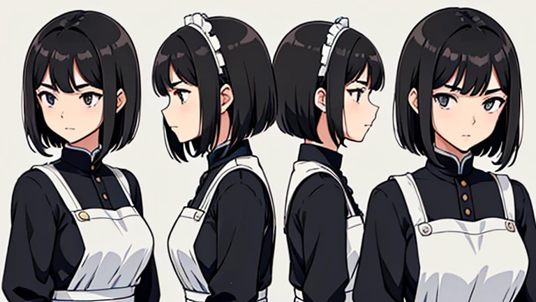 "The illustration resembles a character design reference sheet with a simple background. It is a three-view drawing, showing the character from the front, side, and back. The character is a beautiful woman with Asian features. Her face is slightly elongated. Her hair is black and styled in a short bob, not reaching her chin. Her ears are completely hidden by her hair. Her eyes are black with an Asian appearance. She is wearing a simple, modest maid outfit, with a black base and a white apron."

