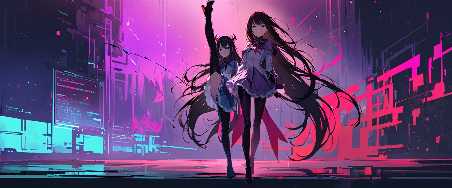 (Highest quality:1.2),One Girl, akemi, alone,Are standing_Split,ox，Magical Girl Clothes，boots，Purple eyes,Long Hair,Black Hair,bangs，Hair between the eyes,Pixelated Background,Neon Light,Sci-Fi Color Scheme,Vibrant colors,Metallic texture,Detailed shading,Holographic interface,Dark atmosphere,High Contrast,Sharp focus,Twigs of hair,Reflective surface,Exquisite detail,High resolution,Studio Lighting,Red accents,Illuminated surroundings,Artificial Intelligence Assistant