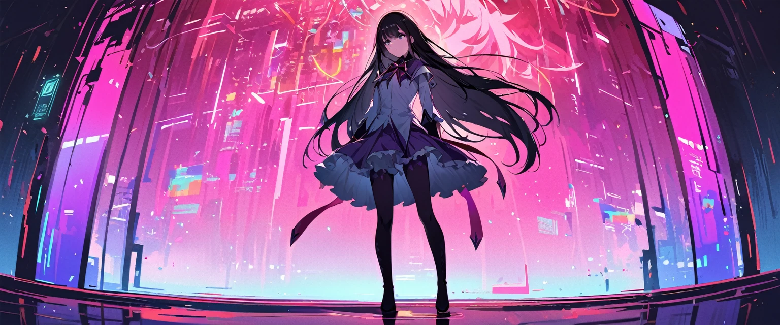 (Highest quality:1.2),One Girl, akemi, alone,Are standing_Split,ox，Magical Girl Clothes，boots，Purple eyes,Long Hair,Black Hair,bangs，Hair between the eyes,Pixelated Background,Neon Light,Sci-Fi Color Scheme,Vibrant colors,Metallic texture,Detailed shading,Holographic interface,Dark atmosphere,High Contrast,Sharp focus,Twigs of hair,Reflective surface,Exquisite detail,High resolution,Studio Lighting,Red accents,Illuminated surroundings,Artificial Intelligence Assistant