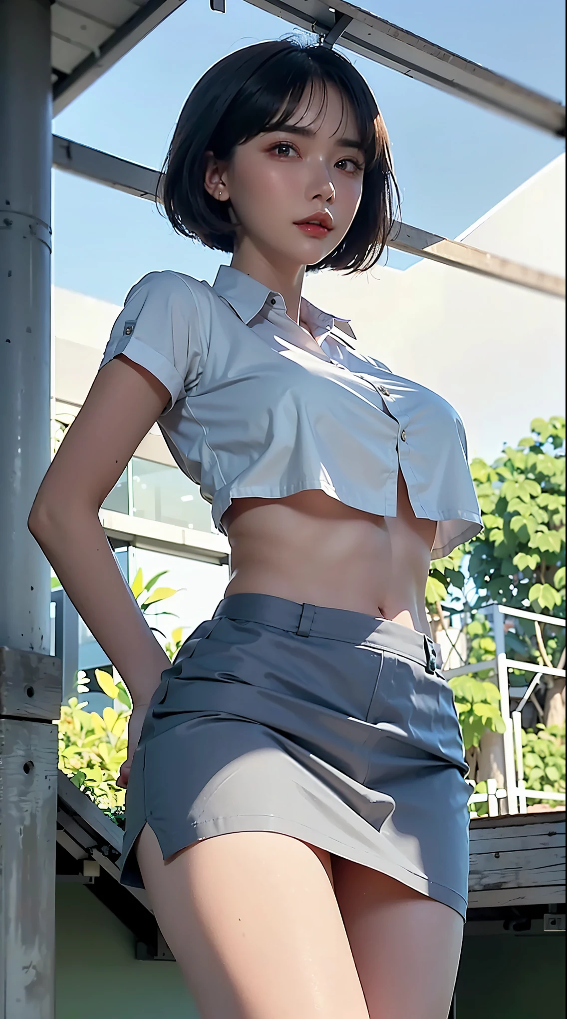 group of female with medium breasts show underboob (((wearing oversize vurious high cropwhite short sleeve button down shirt and grey skirt)) (((close up photo))) ,, detailed skin, ((asia white skin color)),detailed skin, Slim Waist, (((4K resolution))),((wearing a)) (((shorthair  BLACK hairstyle))) ((white skin)) ((extremely detailed face)) ((extremely detailed eyes)) ((walking pose))) ((outdoor background at beach club with sunbed etc)) (((looked on camera))) look camera (()) ((sixpack woman)) ((model posture)), face, extremely detailed full body color photo of a 22 y.o girl, beautiful face, beautiful eyes, (()), (((perfect body proportional))), slim body, ((skin details, high texture)), ()), hand fix, finger fix, nails fix, realistic hand wrinkles, realistic eyes, octane render, simetris eyes
