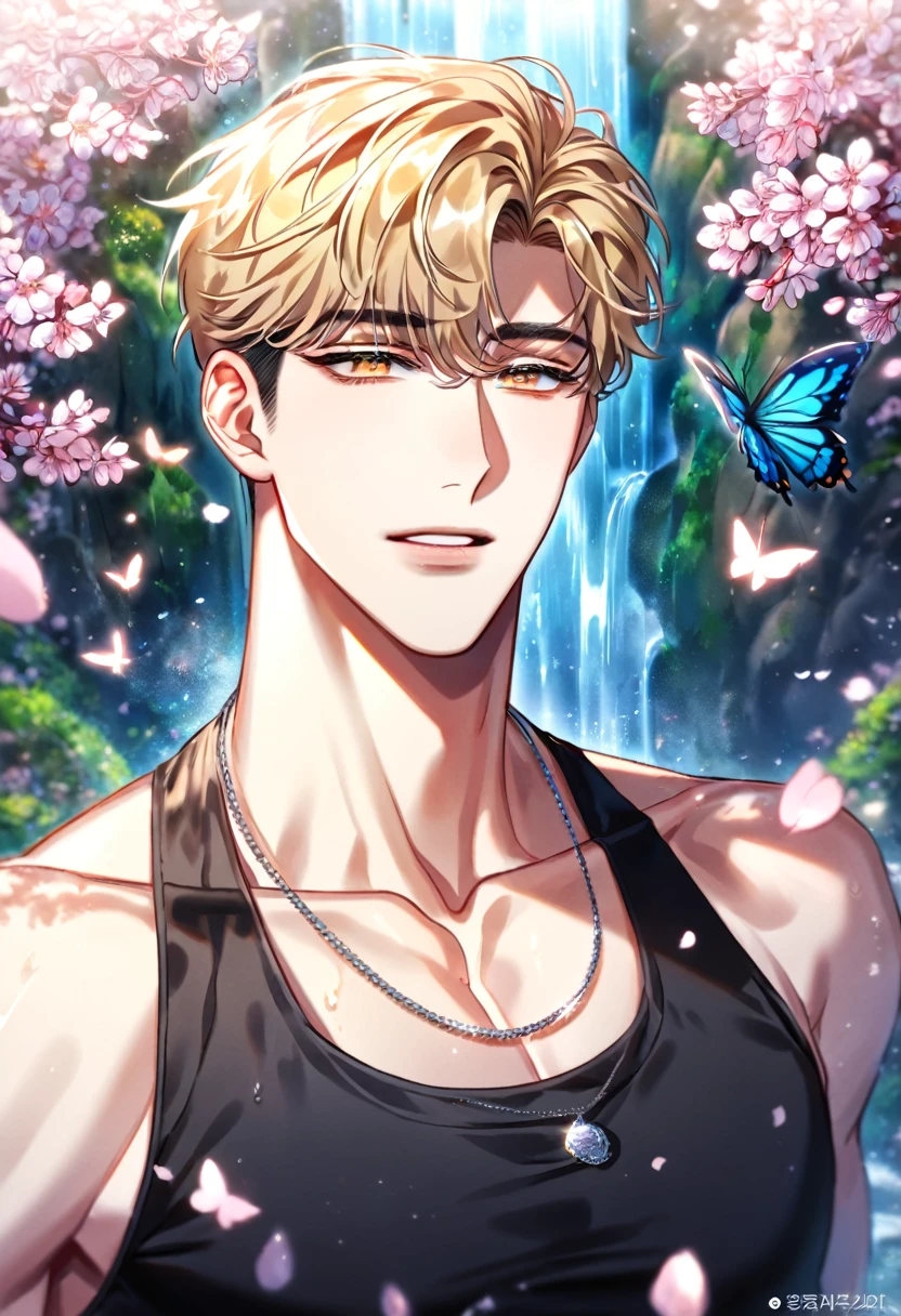 absurdres, highres, ultra detailed, HDR, master piece, best quality, detailed eyes, delicated features, Manhwa Style, Sung Hyunjae, blond hair, expressive yellow eyes, The S-Classes That I Raised, solo, sexy man, handsome, sensual, adult face, black tank top, necklace, fantasy, magical, waterfall, rocks, butterflies, spring, cherry blossoms, flowers