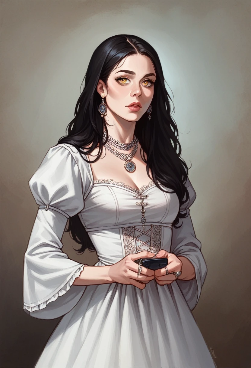 Xena Personagem Christina Ricci cabelo preto estilo Morticia AddamsImagem de desenho animado de uma mulher .