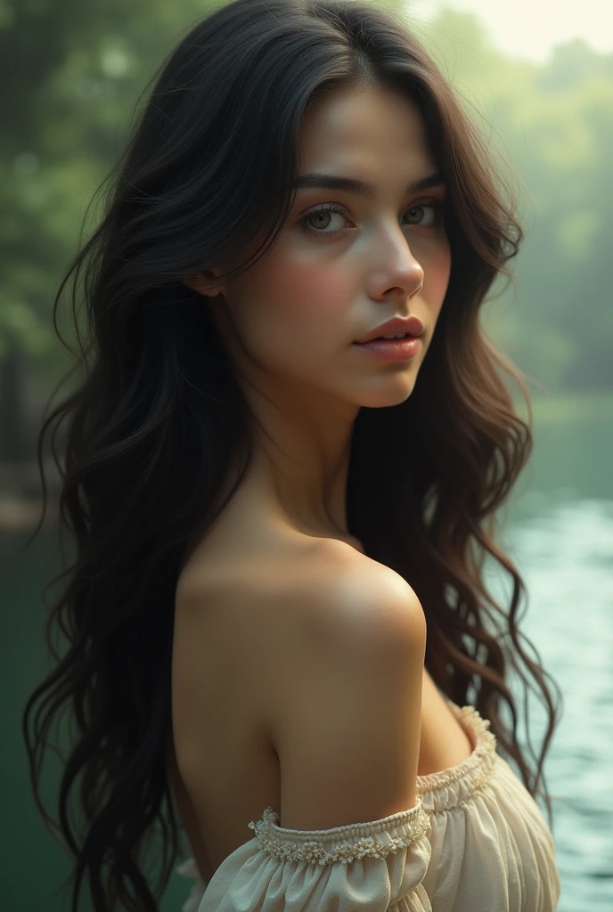 a beautiful woman, realistic portrait, detailed eyes, long eyelashes, full lips, flawless skin, volumized dark brown hair, realistic skin texture, dramatic lighting, cinematic composition, photorealistic, 8k, high resolution, intricate detail, masterpiece