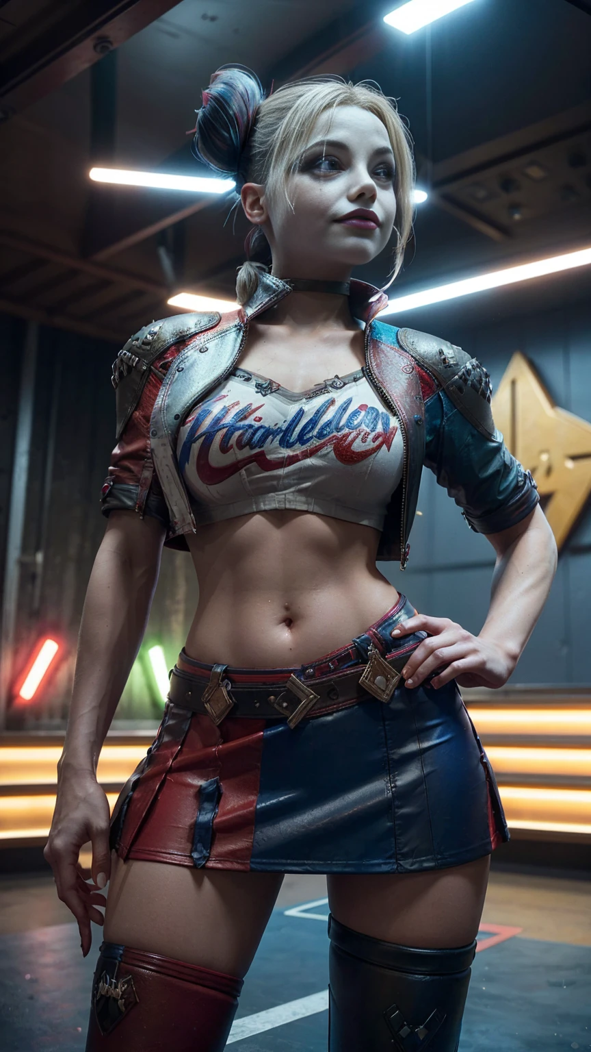 Harley Quinn Big Bust,with gorgeous legs, in a red and blue short skirt stands on the podium.Ultrarealism,high quality.Photorealistic,Hyperrealistic, Detailed,Sharp,Crisp, High definition,4K resolution, Real-world lighting,Natural textures. bright colors.big buttocks.a close look at the bust. top view