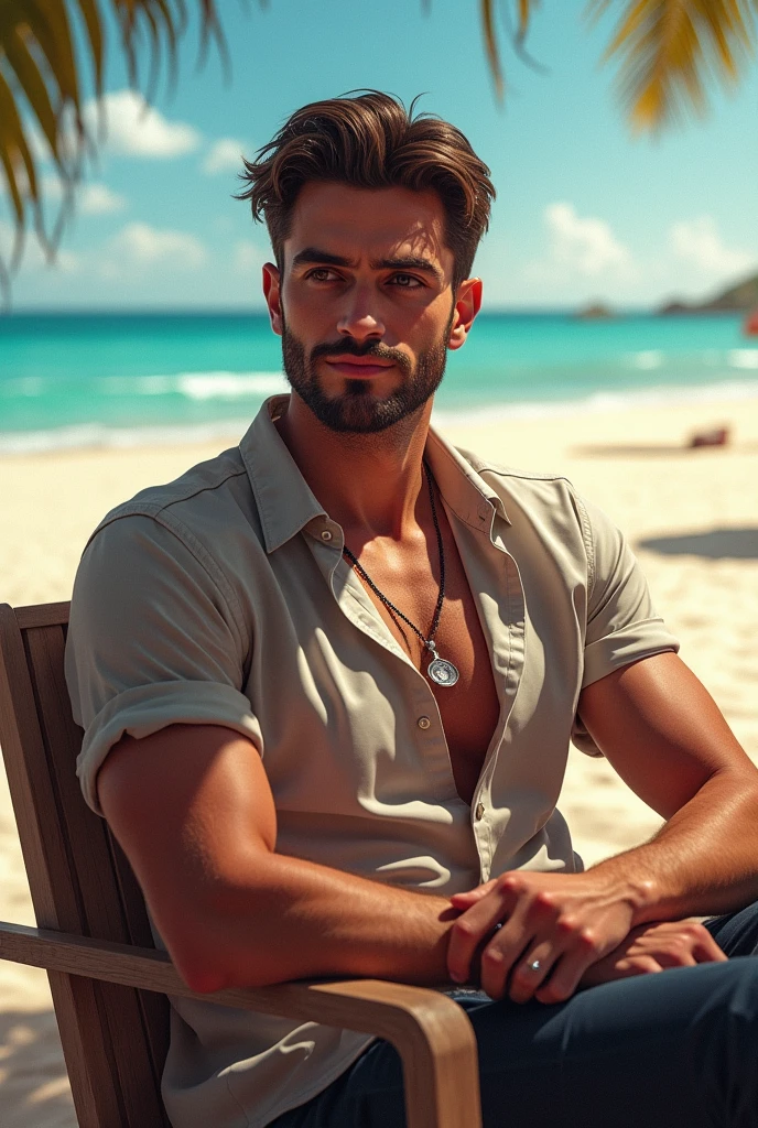 A man with a muscular body sits on a seashell, unclothed, on a paradisiacal beach with elements of Aphrodite.