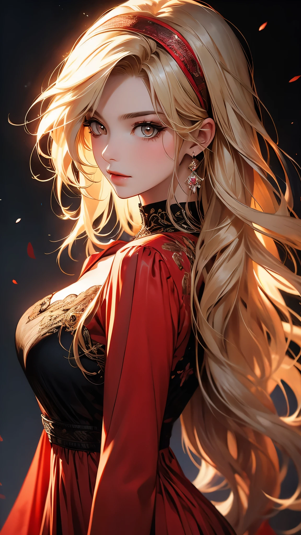 (masterpiece, Highest quality, Highest quality, Official Art, beautifully、aesthetic:1.2), (1 girl), Very detailed,(Fractal Art:1.3),colorful,Most detailed,Blonde long hair,Red eyes,Moonlit Night,Rose