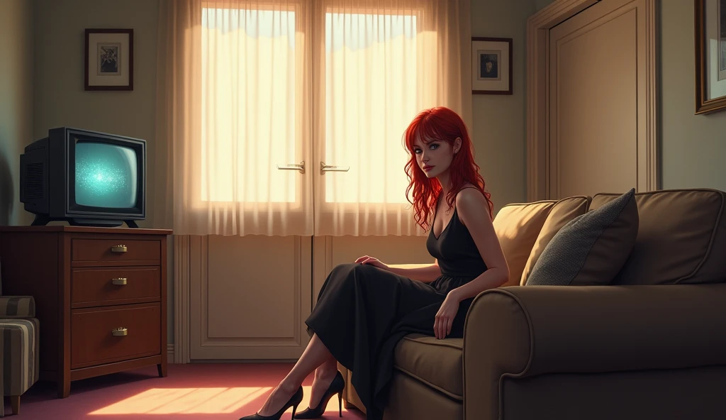 A woman with red hair and brown eyes sitting leaning against the wall looking at the ceiling, she is wearing a black dress.