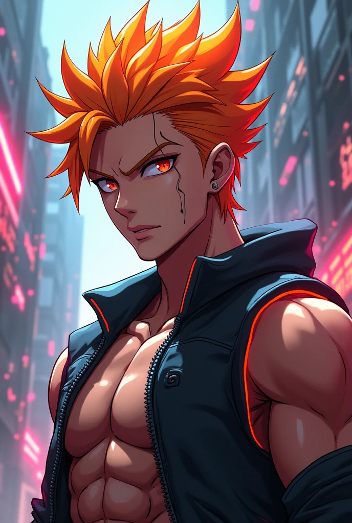 Man with radioactive neon phosphorescent red hair, (short hair), bright red nuclear radioactive phosphorescent eyes, gesture of annoyance and anger, (sticking out the middle finger) in close-up, black nails and tattoos on his hand