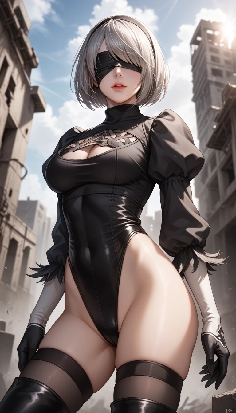 score_9, score_8_up, score_7_up, 32k,masterpiece, highest quality, 
photo realistic, super detail, vibrant colors, chiaroscuro lighting, cinematic lighting,
1 woman, inspired nier automata 2B,
bob cut, gray hair, bangs, mole under mouth, blindfold,
2B leotard, cleavage cutout, skirt, thighhighs under boots,
ruins, a ruined world, devastated cities, dark cloudy sky,
seductive pose, dramatic angle,