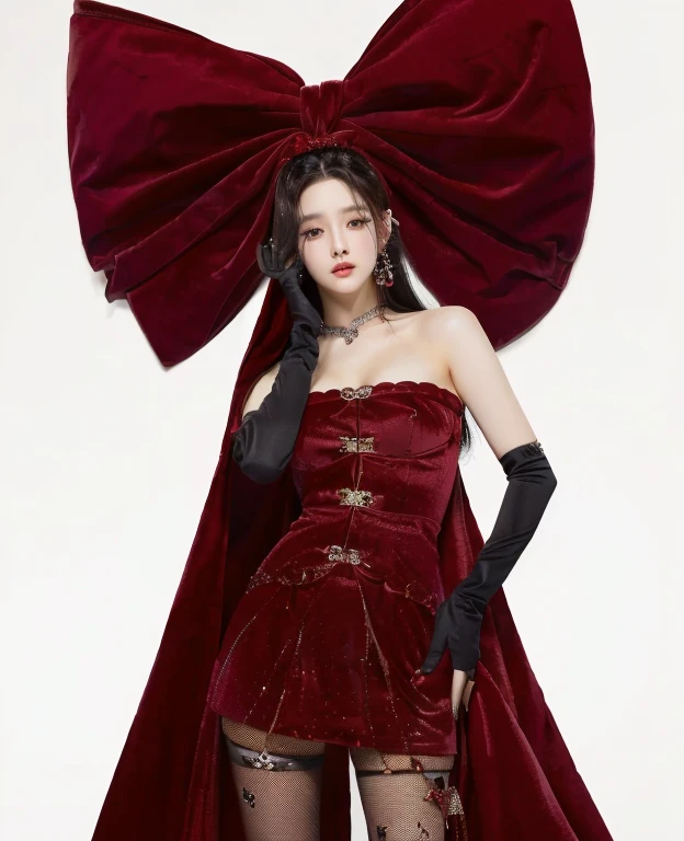 a woman in a red dress and black gloves posing for a picture, dressed in red velvet, sha xi, red velvet, full body xianxia, ornate dark red opulent clothing, jossi of blackpink, jisoo from blackpink, jisoo of blackpink, thick bow, jia, cai xukun, fan bingbing, wenfei ye, belle delphinecute natural anime face, kawaii realistic portrait, Físico : el abdomen más pequeño jamás visto, jisoo from blackpink, popular south korean makeup, quality detailed ,(beautiful makeup :1.2), Wide hips, big, big ass, (best quality, 8K, masterpiece: 1.3), Clear focus: 1.2, Perfect body beauty: 1.4, strong abs, Very detailed face and skin texture. , detailed eyes, double eyelids, (long hair), having very marked curves, with greater volume in ((breasts))