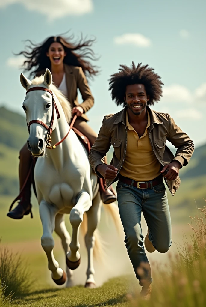 A curly hair pretty black women and a handsome blonde white guy ridinng on their own horses