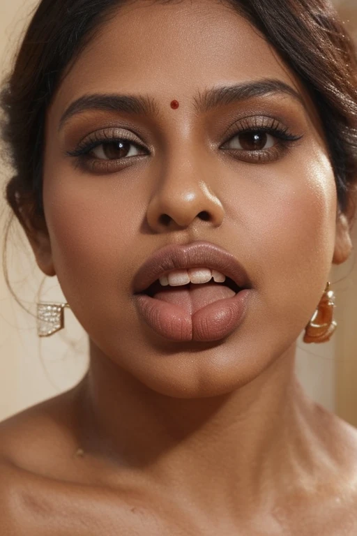 a close up of a woman with a large dille on her tongue, indian girl with brown skin, big juicy lips, huge juicy lips, licking tongue, big puffy lips, large tongue, indian, sexy lips, huge lips, sexy girl with dark complexion, thick lips, big lips, very full lips, delicated facial features, provocative indian, large lips