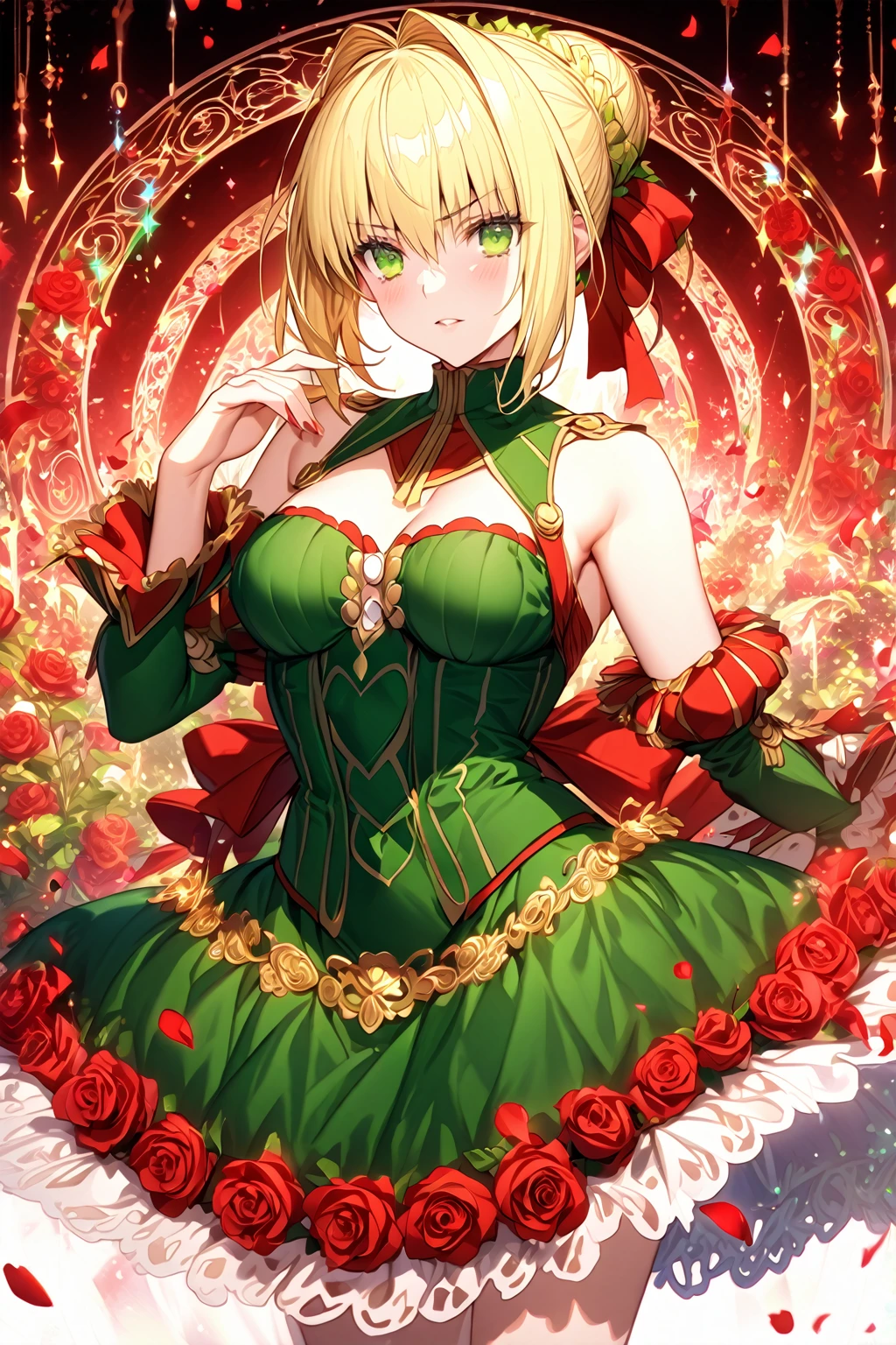 absurdres, highres, ultra detailed, HDR, master piece, Nero Claudius, blonde hair tied in a bun, expressive green eyes, Saber, red dress, sexy woman, best quality, Fate Grand Order, garden, solo, fantasy, magical, sensual, glittering, accessories, red ribbon, blue magic, red petals, red roses, red magical circle, extremely beautiful