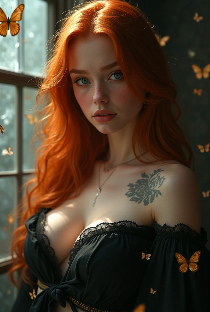 Redhead woman with butterfly tattoo on her neck wears white shirt in sexy pajamas