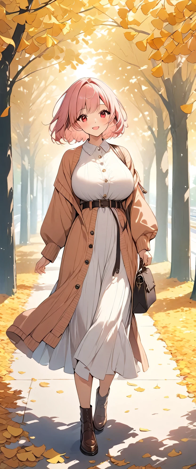 A woman in an orange dress, black hair, white bangs, big breasts, in an autumn themed park, artwork, ultra resolution, 4k.