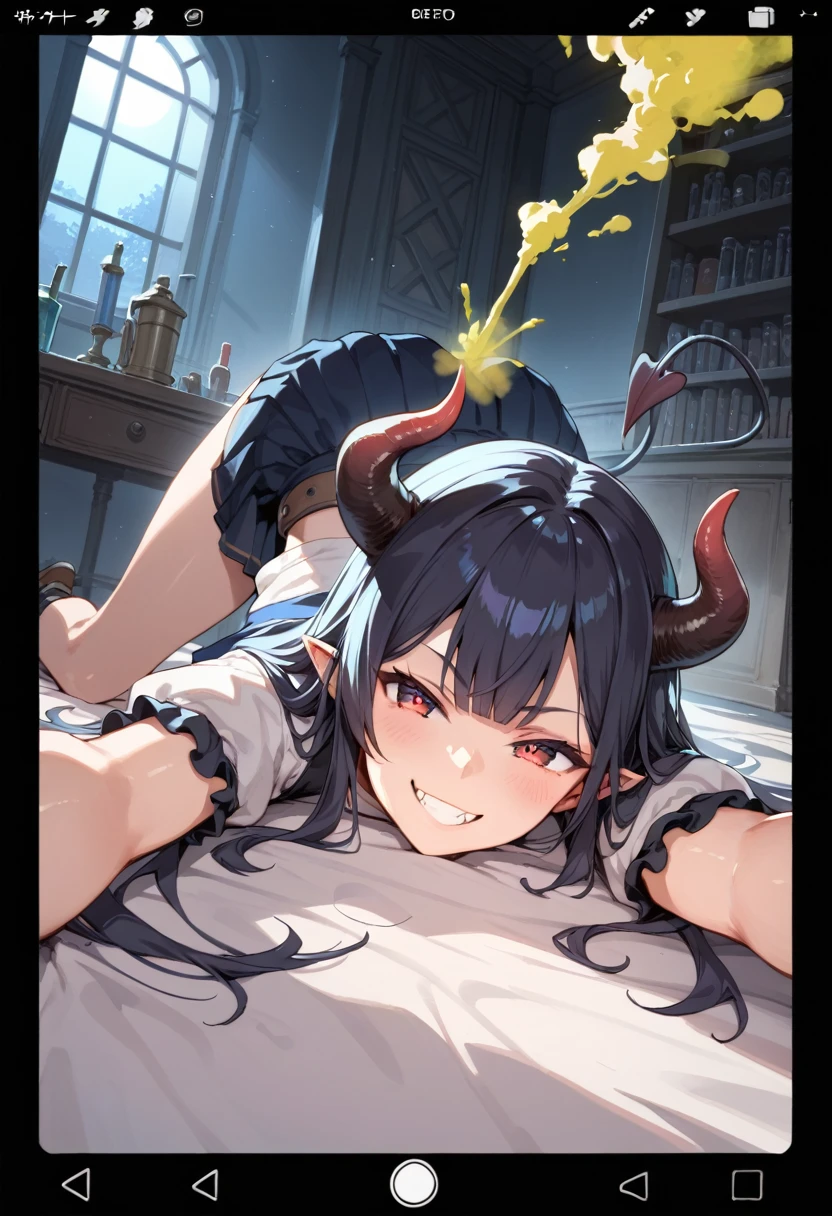 score_9, score_8_up, score_7_up, source_anime, masterpiece,A futanari female demon has sex with a small-breasted witch in the cowgirl position